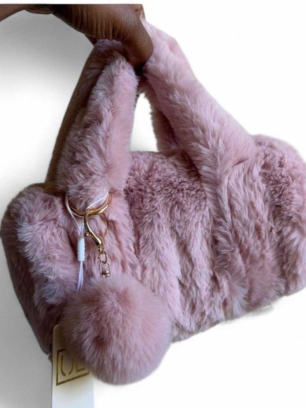 Plush Faux Fur Handbag with Pom Pom - Pink